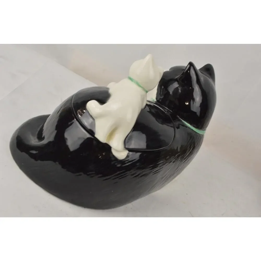 Vintage Tuxedo Cat Cookie Jar Mama Kitty w/ Baby Kitten Lid